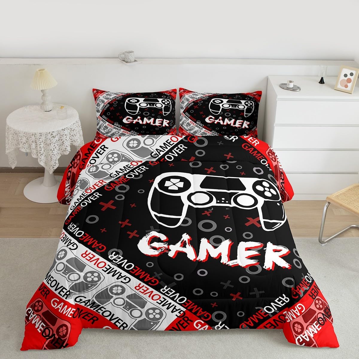 Feelyou Kids Gamer Comforter Set for Boys Teens, Red Gaming Bedding Sets Full Size Video Game Controller Reversible Quilt Set All Season Home Decor with 2 Pillowcases