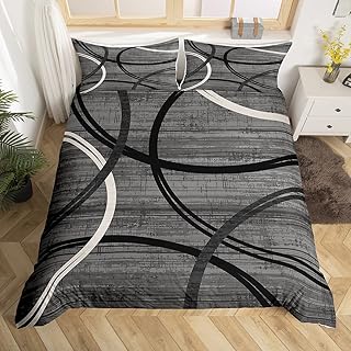 Circle Geometric Bedding Set Queen,Gray Black Black Swirls Comforter Cover for Boys Girls,Kids Retro Style Duvet Cover Set Abstract Stripes Bedspread Cover Fashion Teens Bedroom Decor Bed Collection