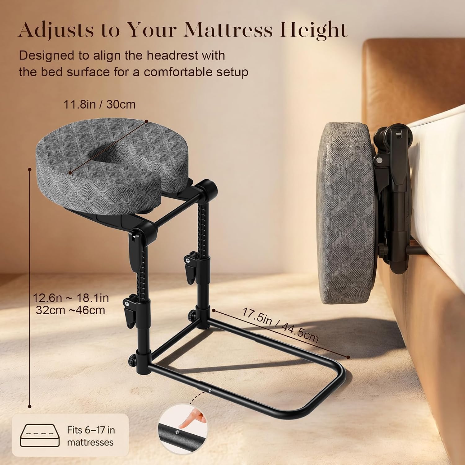 Massage Headrest for Bed, Bed Massage Head Holder Adjustable Face Cradle Support for Home Massage, Couples Massage & Spa Use, Portable Fits 6–17” Mattress, for Men & Women (Gray)