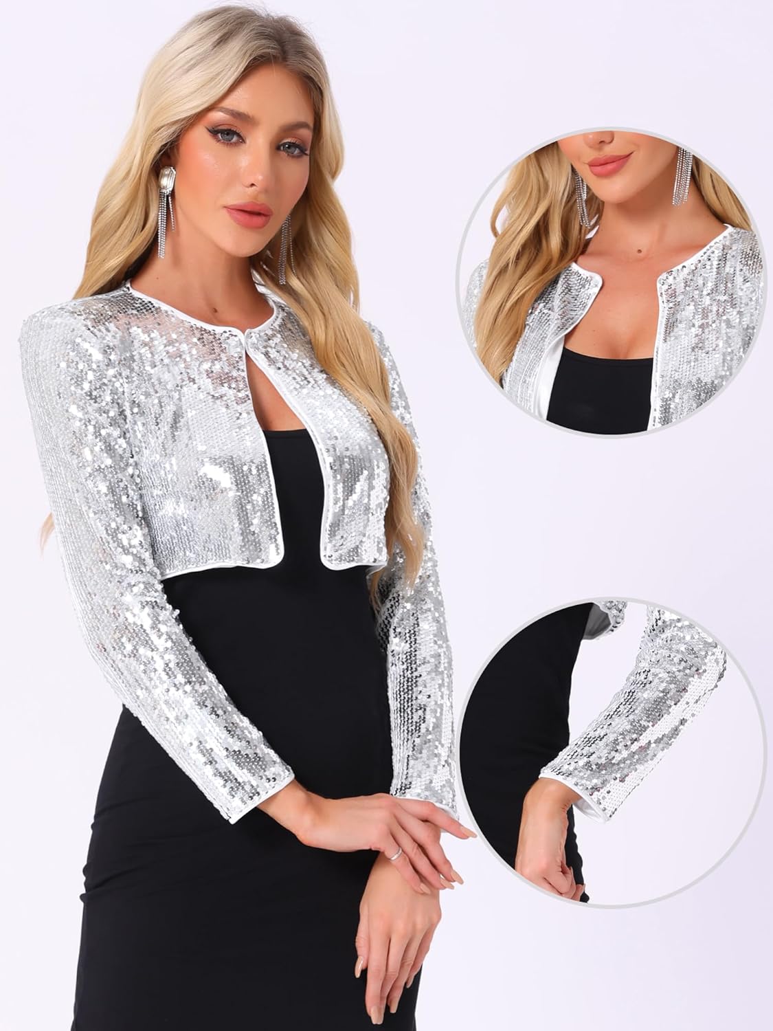 Allegra K Sequin Bolero Shrugs for Women's Slim Fit Christmas Party Club Collarless Sparkly Crop Jackets