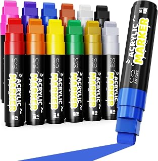 12 Colors Acrylic Paint Markers - 15mm Jumbo Poster Markers, Permanent Paint Pens for Poster Board, Fabric, Rocks, Wood, Glass, Ceramic, Canvas, Metal, Plastic