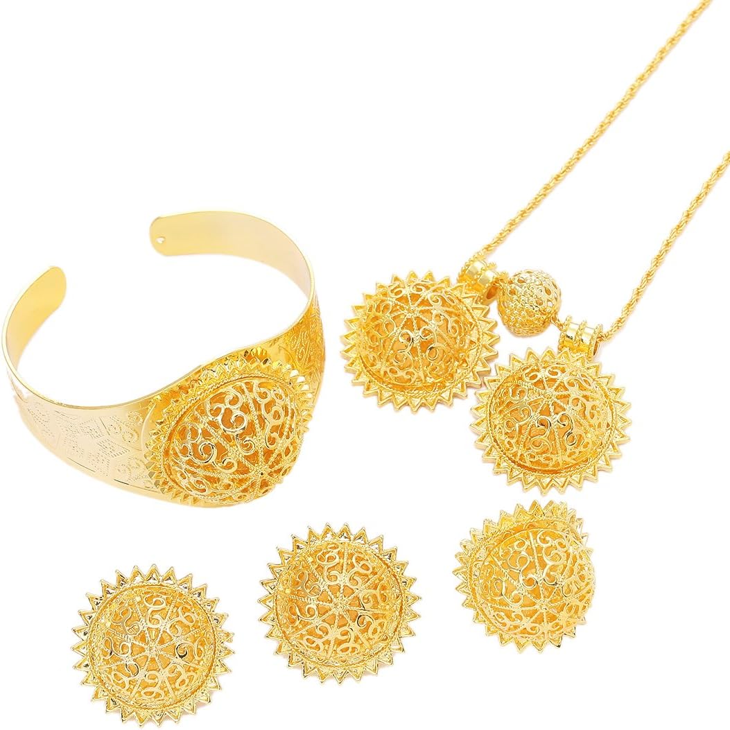 Ethiopian Jewelry Set Pendants Necklace Earrings Ring Bangle Gold Plated Metal African Sets