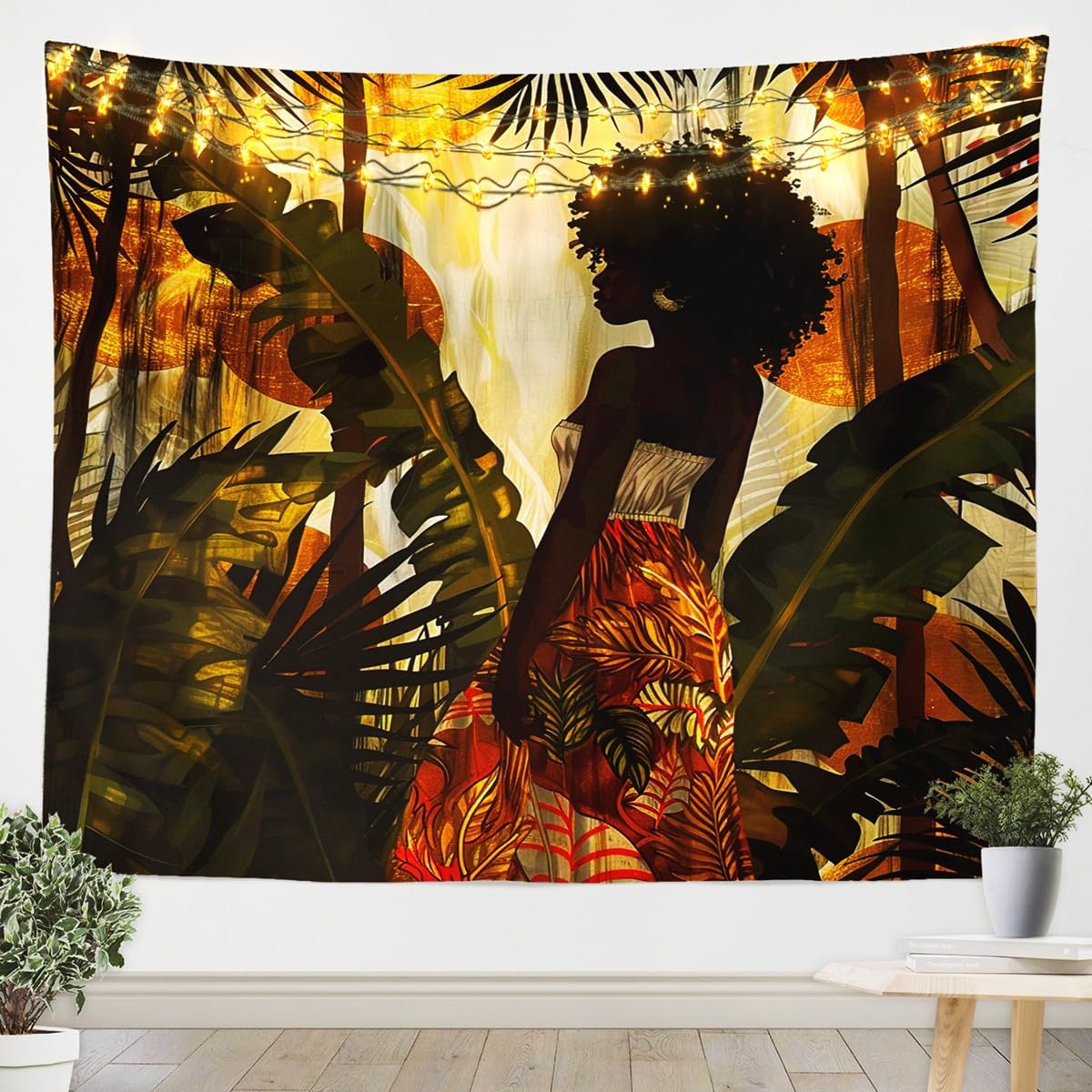 jejeloiu Black Afro Girl Wall Hanging Large 59"x82" African American Woman Lady Tapestry for Kids Abstract Boho Tropical Plant Leaves Wall Blanket