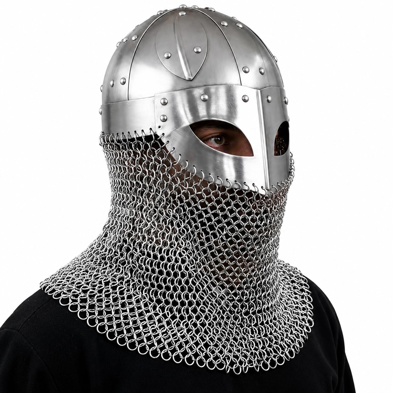 THOR INSTRUMENTS Casco vikingo Battle Armor de acero 18G y máscara de malla de cadena, color plateado, rústico, vintage, decoración del hogar, regalos