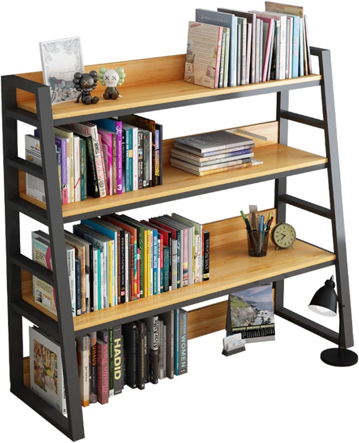 Industrial Wind Wrought Iron Desktop Bookshelf - Multifunctional 3-tier Storage Organizer, Office Large-capacity Desktop Bookcase, Living Roombedroomfor Office ( Color : Black , Size : 95*30*100cm )