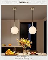 Vista 4 de 10" Globe Milk Glass Pendant Light, Mid Century Vintage Hanging Light Fixture for Dining Room, Bedroom, Kitchen Island Lighting, Brushed Brass Gold