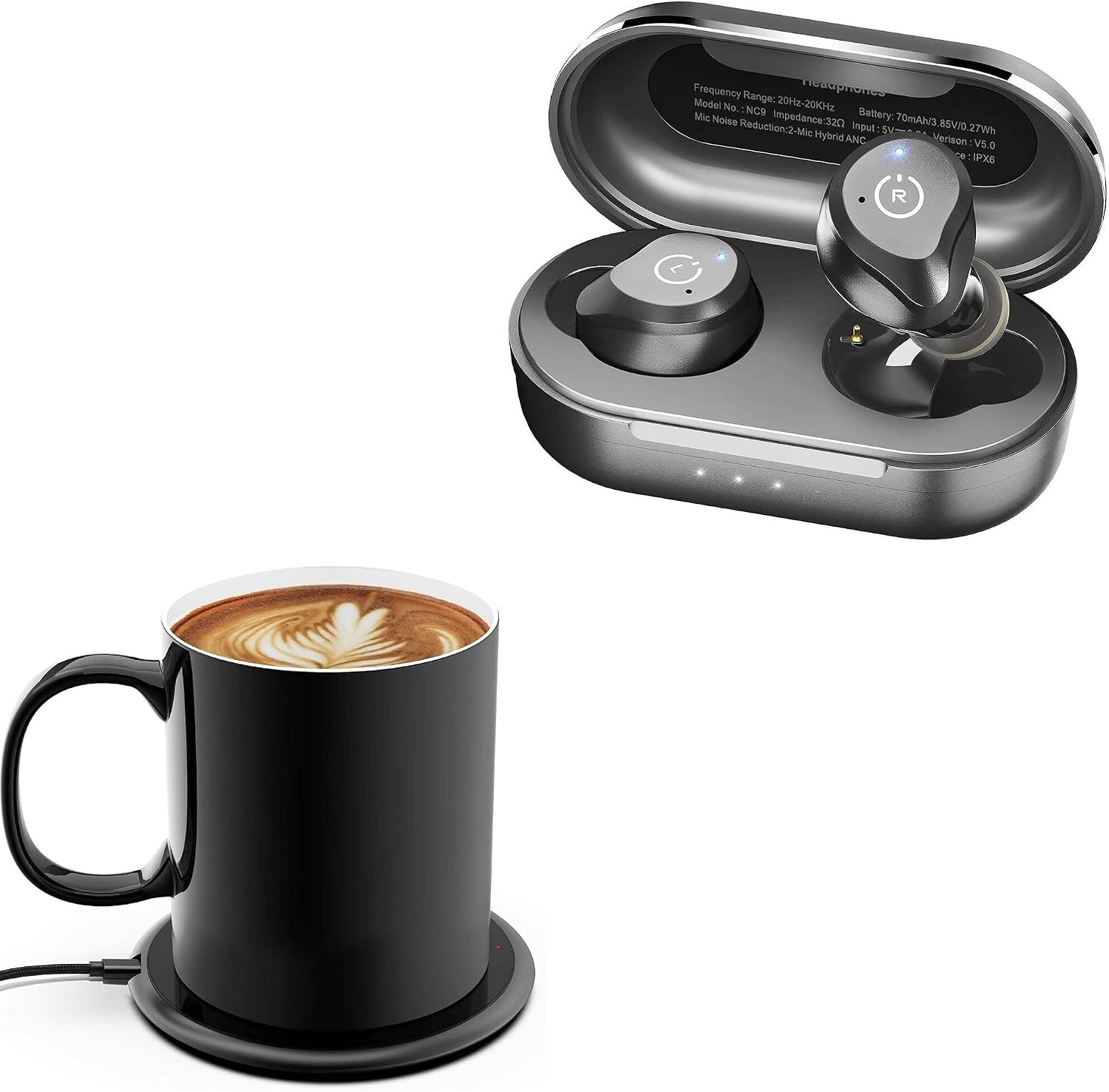 BoxWave Charger Compatible with TOZO NC9 - HottieMug with Wireless PowerDisc Charger (15W), Qi Mug Warmer Coffee Desktop - Jet Black