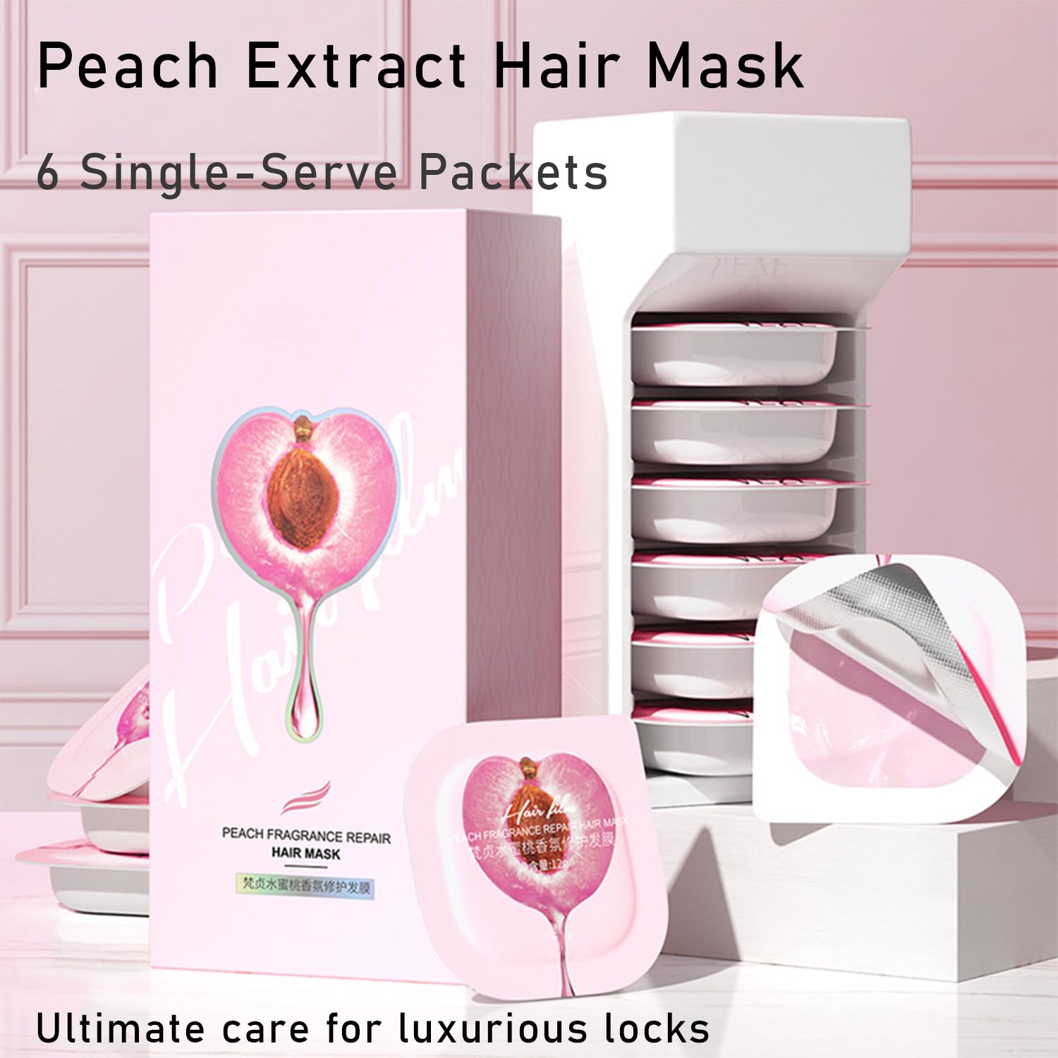 Peach Smoothing Hair Mask - 6 Pack (0.42oz Each), Deep Conditioning Treatment for Dry & Damaged Hair, Travel-Size Hair Mask Packets for Hydration & Repair, All Hair Types