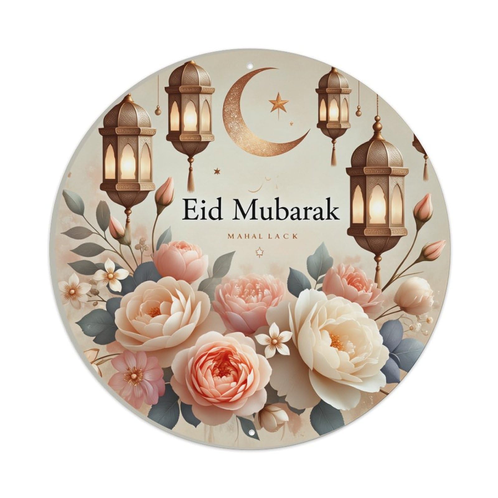 Floral Lantern Moon Star Eid Round Tin Sign Vintage Metal Poster, Home Bar Garage Man Cave Cafe Indoor & Outdoor Wall Decoration 8x8Inches