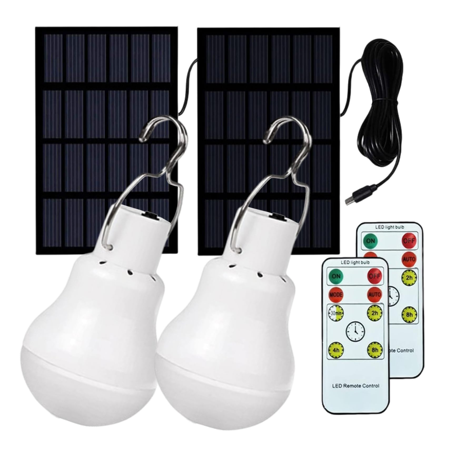 NIDONE Lampadine solari da 2 pezzi per esterni, luci solari portatili con pannello e telecomando, lampadine ricaricabili tramite USB con gancio per tenda da campeggio di emergenza
