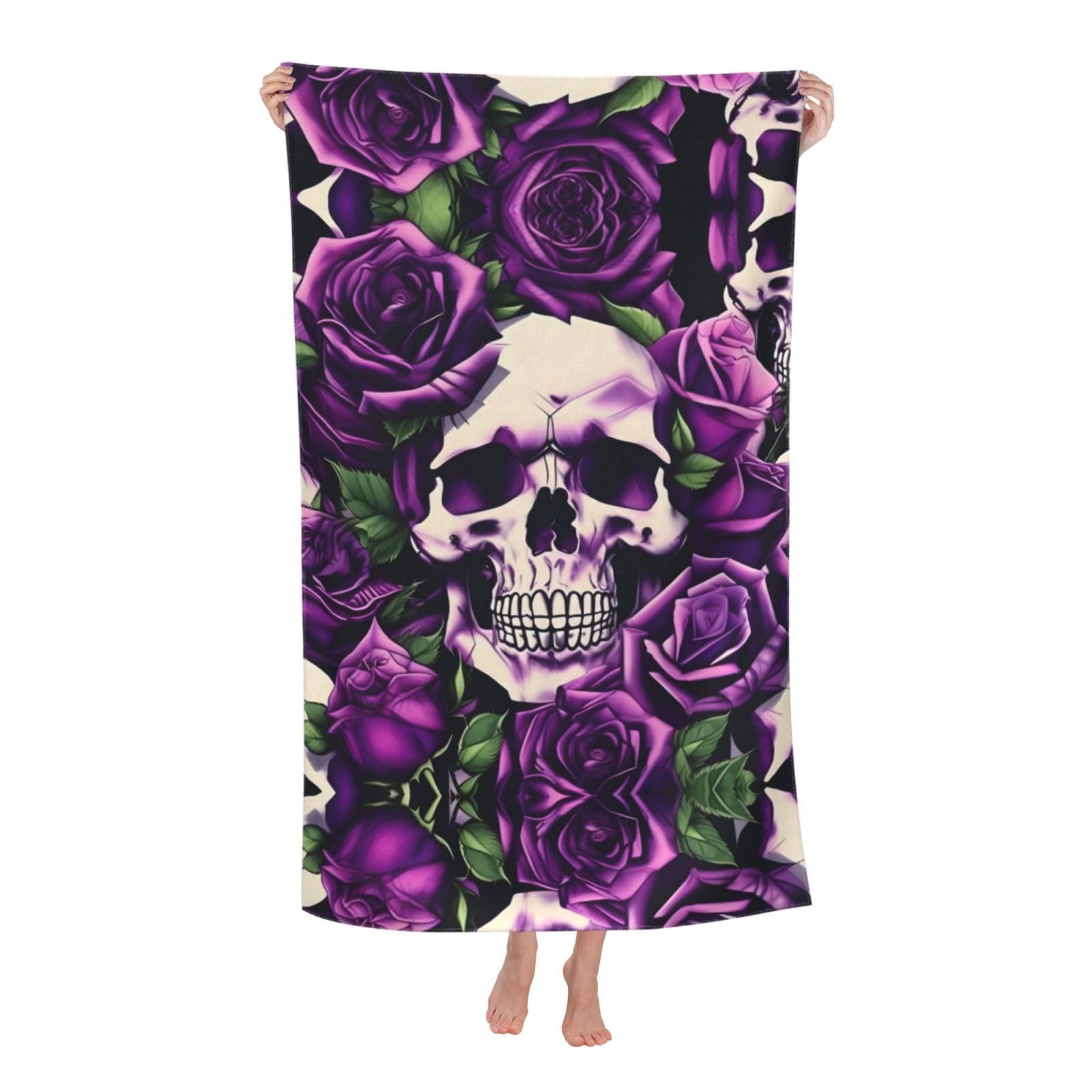 Oazcvbnn Women's White Many Purple Rose Skull Print Adult Beach Towel Summer Travel Pool Vacation Swimming Fitness Outdoor Adventures