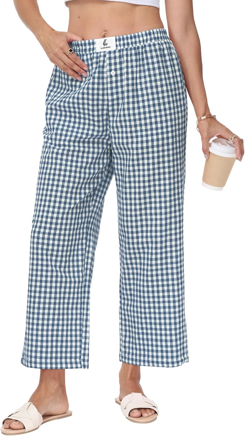Women Striped Gingham Cropped Pants Lounge Boxer Rayon Wide Leg Pajama Plaid Bottoms Checkered Trousers with Pockets