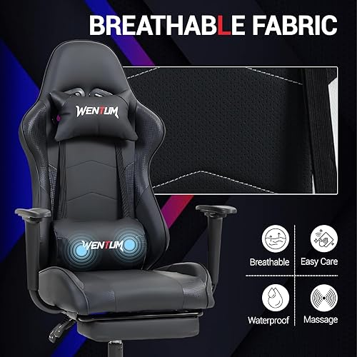 Miniatura 6 de Silla de videojuegos, silla de videojuegos con reposapiés, silla de computadora de masaje con piel sintética, soporte lumbar para hombres y mujeres,