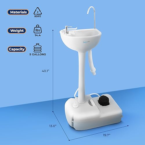 Miniatura 7 de SereneLife Fregadero portátil para acampar con tanque de agua de 19 litros (5 galones), bomba de pie manos libres, dispensador de jabón y soporte