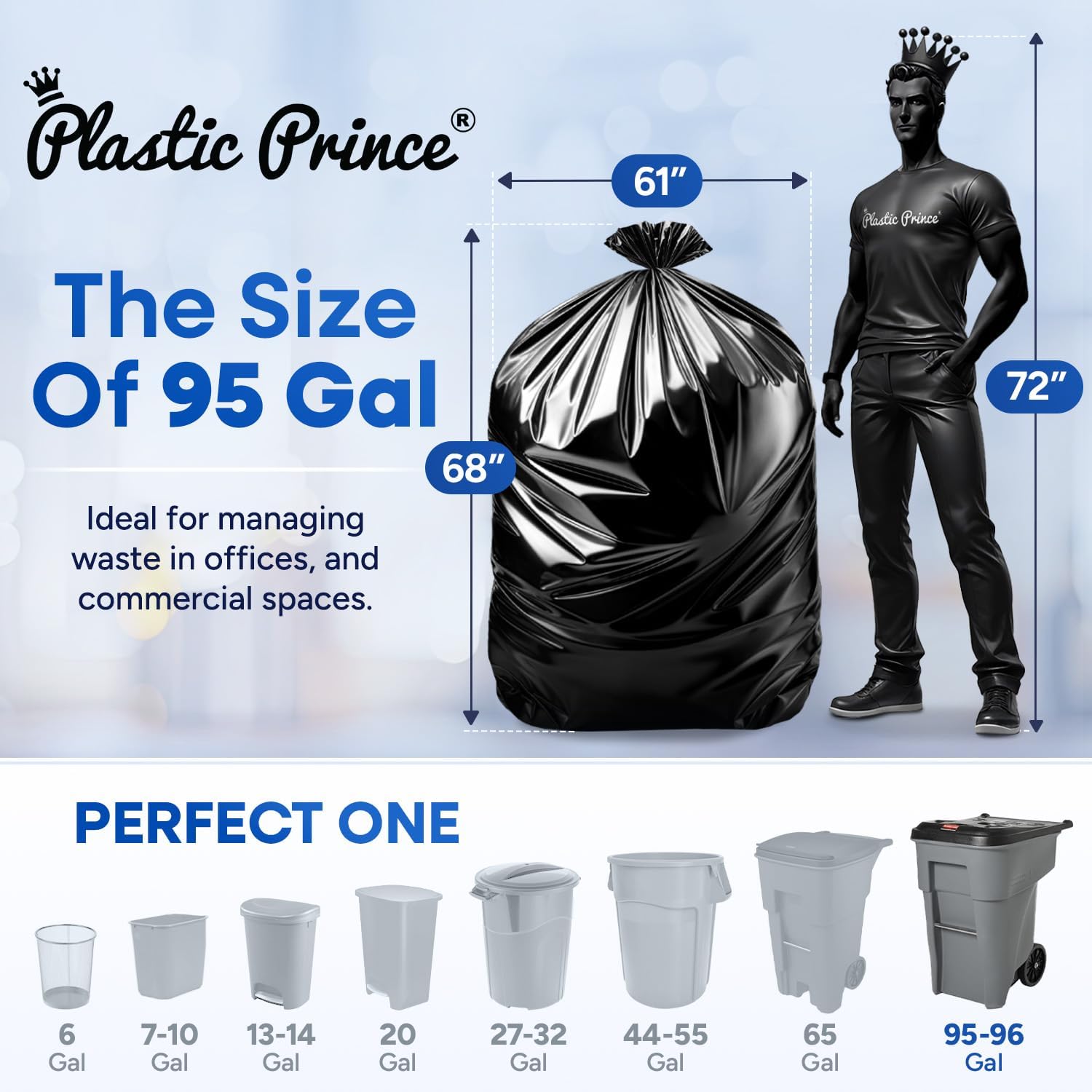 95-96 Gallon Trash Bags, Extra Large Heavy Duty Industrial Durable Black Garbage Can Liners 2 Mil, Fits Rubbermaid Rollout, Round and Square Trash Cans, 61 x 68 (Pack of 25) Bulk