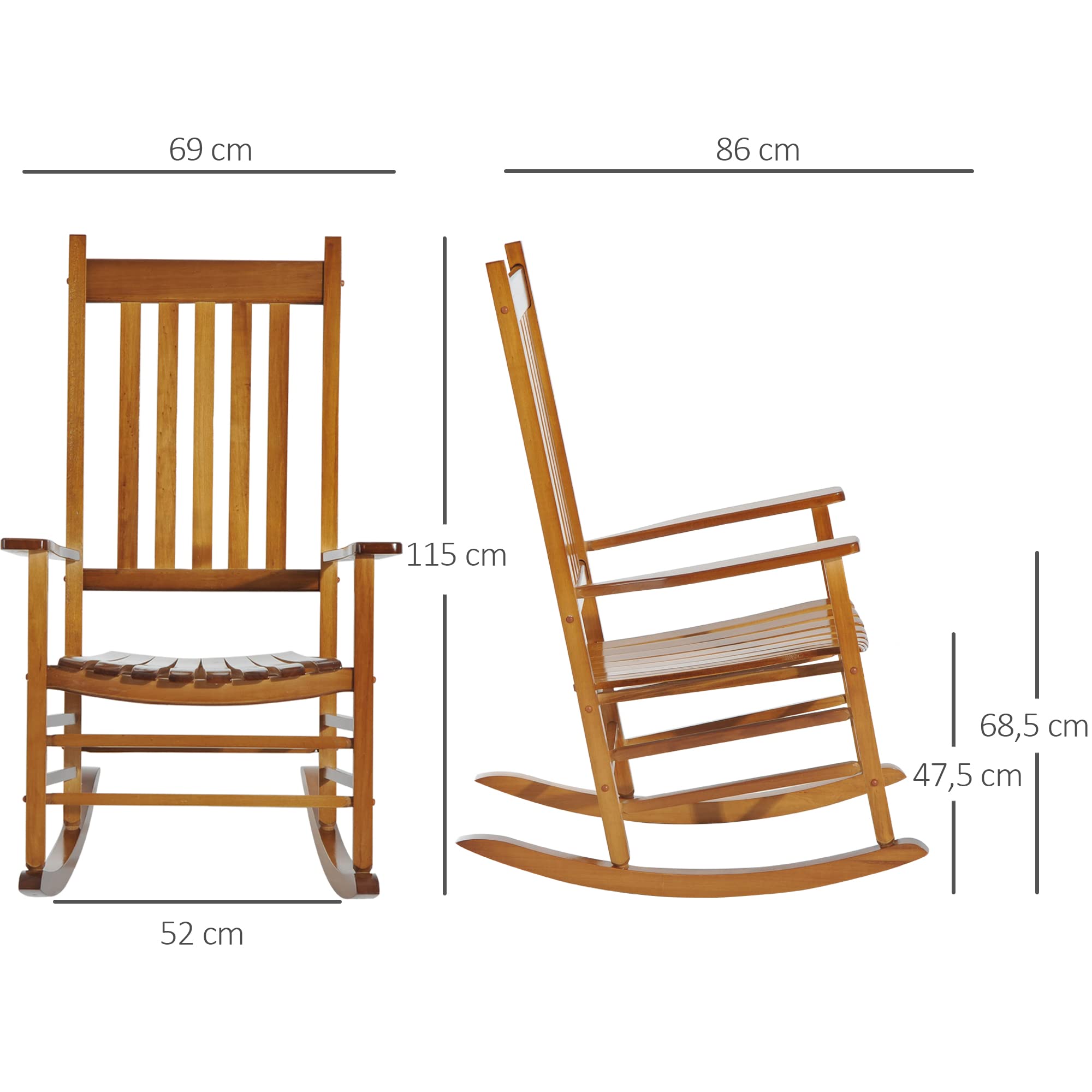 Outsunny Schaukelstuhl aus Holz mit Armlehne Schwingsessel Relaxstuhl Gartenstuhl Natur 69 x 86 x 115 cm