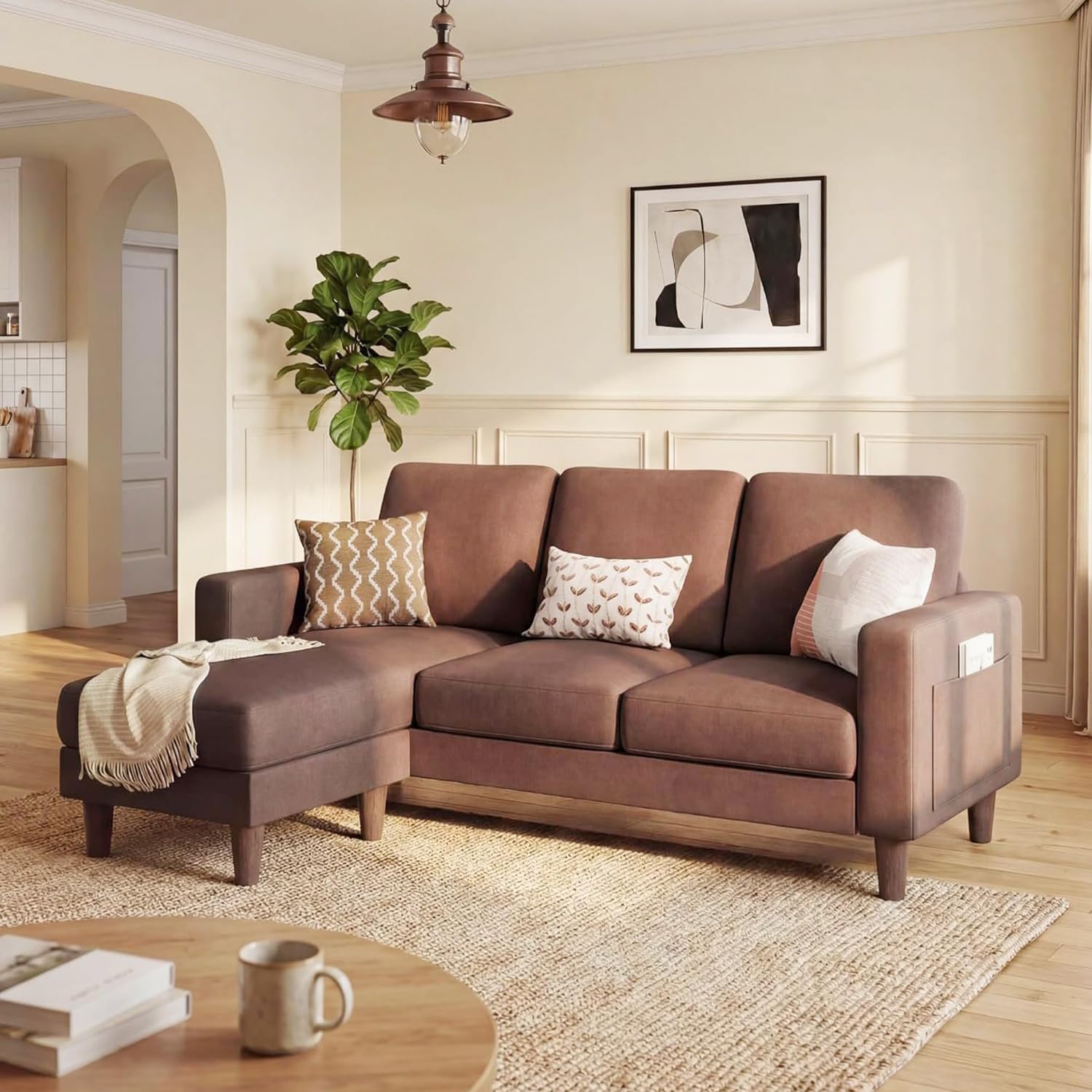 Photo 1 of Homall 3 Seat Couch L Shape Sofa with Side Storage Pockage, Sectional Couches with Reversible Ottoma, Upholstered Sofa for Living Room and Small Spaces (Linen Fabric, Dark Brown)