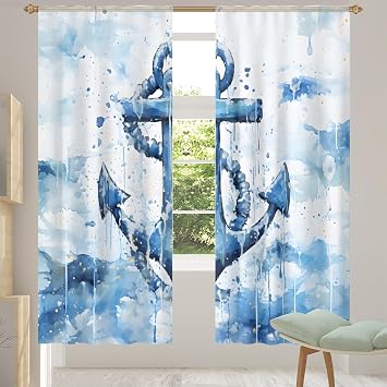 Watercolor Anchor Print Sheer Curtains 78 Inches Long for Bedroom Living Room 2 Panels Set, Curtains Light Filtering Semi Sheer Curtain Rod Pocket Window Drapes 55" W x 78" L