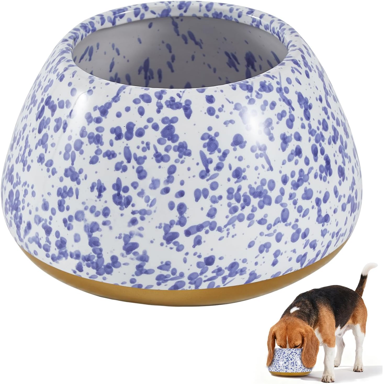 Ceramic Dog Bowls, Long Ears Large Dogs Water & Food Bowls - No Spill Pet Bowl White w/Blue Speckles, Cocker Spaniel Beagle Bassett Hound