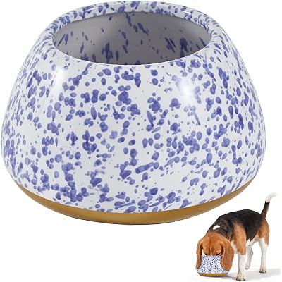 Ceramic Dog Bowls, Long Ears Large Dogs Water & Food Bowls - No Spill Pet Bowl White w/Blue Speckles, Cocker Spaniel Beagle Bassett Hound