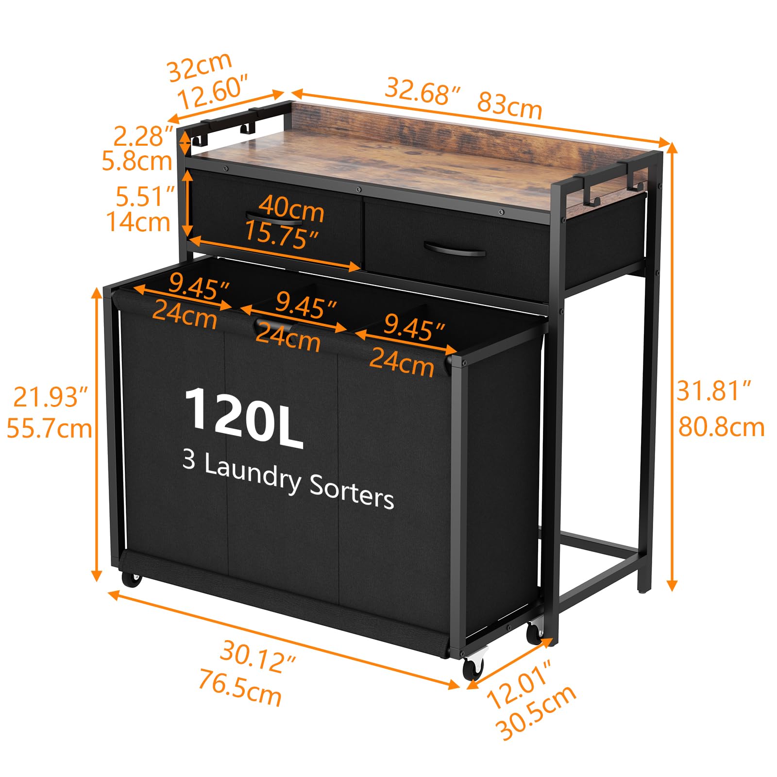 Gyfimoie Wäschekorb 3 Fächer – 120L Wäschesammler, Wäschesack mit 2 Schubladen, Wäschewagen mit Ablage, Wäschebox für Waschküchen, Schlafzimmer und Badezimmer (Schwarz)