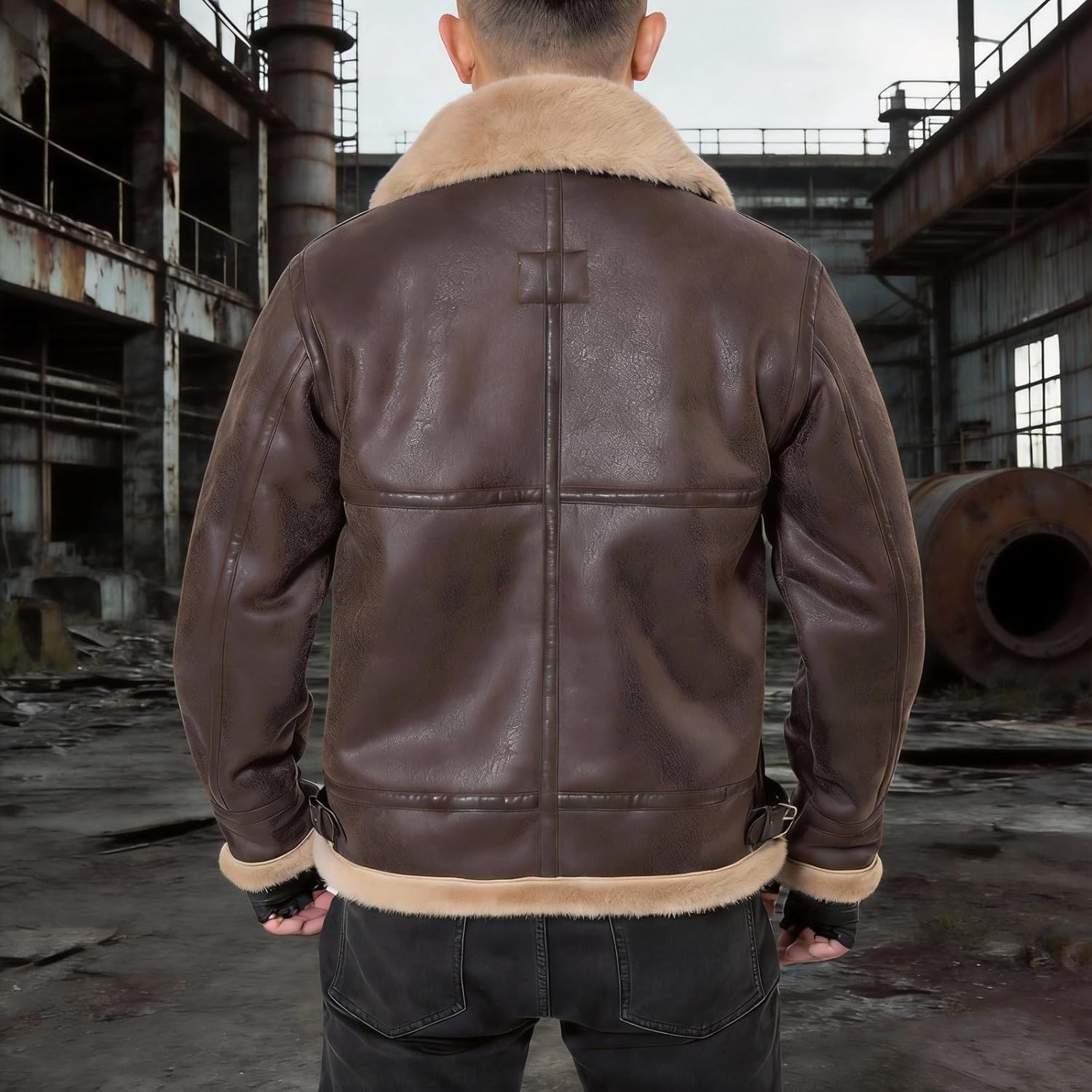 Men Brown Leather Jacket Motorcycle Shearing Fur Winter Coat Cosplay Costume for Cold Weather XS-3XL - Image 6