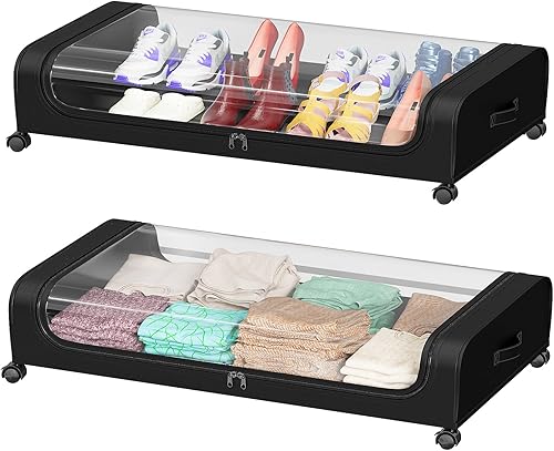 Paquete de 2 unidades de almacenamiento debajo de la cama con ruedas, contenedores de almacenamiento debajo de la cama, almacenamiento debajo de la