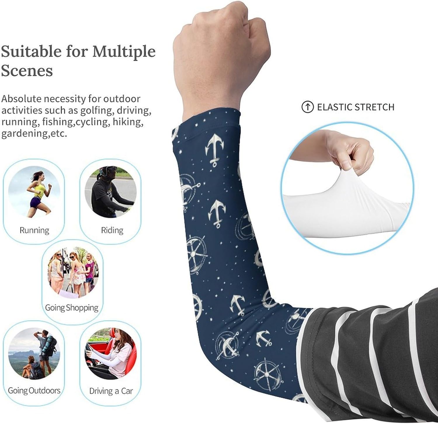 Navy Blue Nautical Anchores Arm Sleeves Sun Protection Sleeves Sports Cooling Arm Compression Sleeve for Men Women