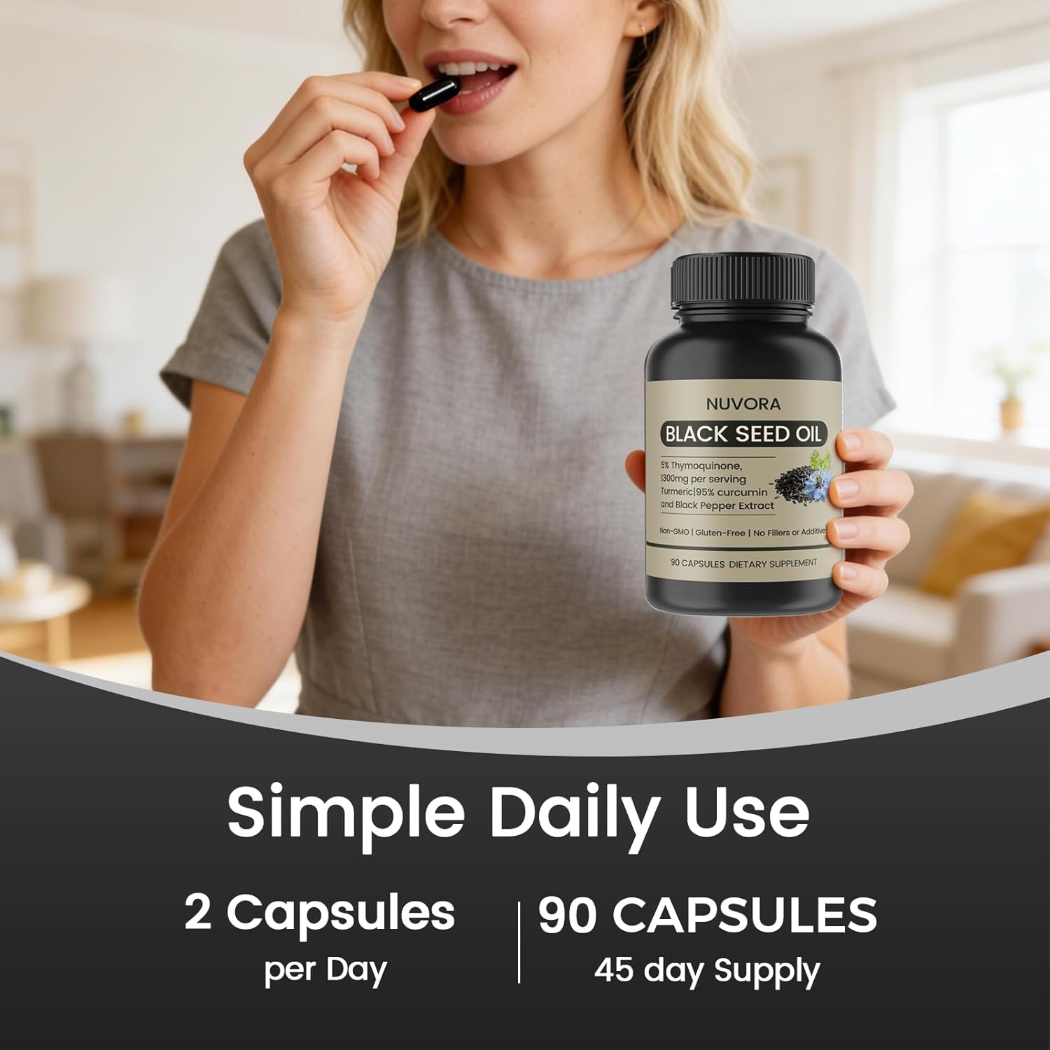 Nuvora Black Seed Oil Capsules with 5% Thymoquinone,Vitamin D3 & Omega, Cold Pressed, Non-GMO, Gluten-Free, Immune Balance & Daily Vitality,90 Count Softgels