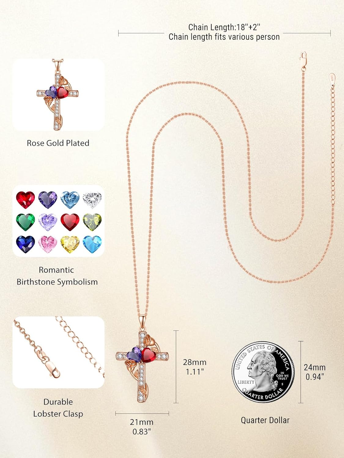 Rose Gold Dual Birthstones Cross Necklace for Women Rose Flower Jewelry Anniversary Christmas Mother's Valentine's Day Birthday Gift for Wife Girlfriend Mom - Image 2