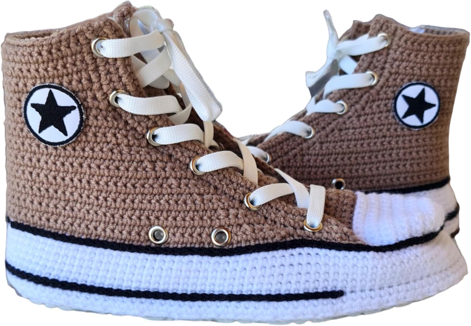 Handcrafted Crochet High-Top Sneaker Slippers, Brown Canvas-Style Unisex House Shoes with Zipper & Non-Slip Rubber Sole, Eco-Friendly Knitted Cozy Footwear Gift for Men & Women