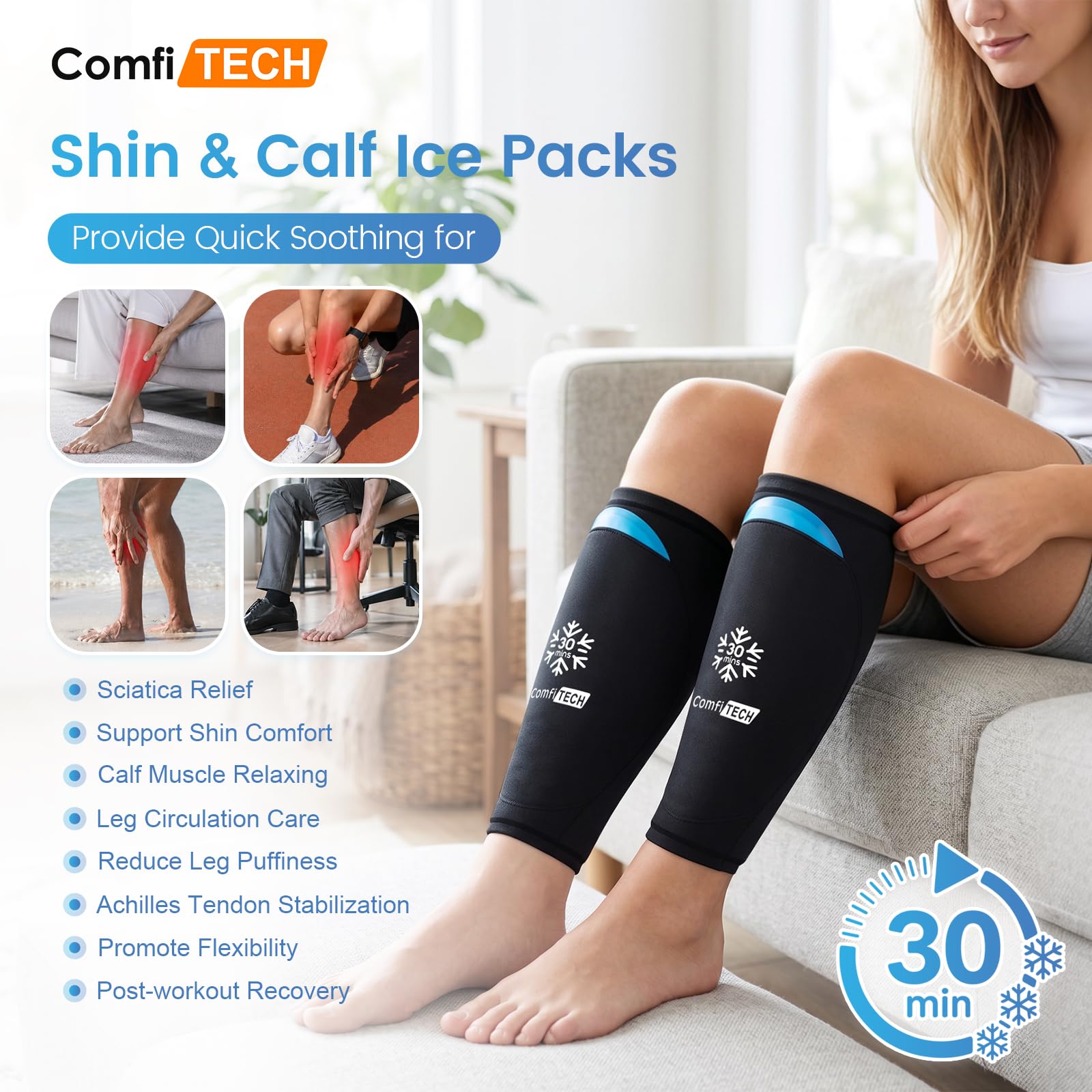 ComfiTECH Compresse Glace Double Gel Tibia, 30 Min Froid, L, 2 pcs