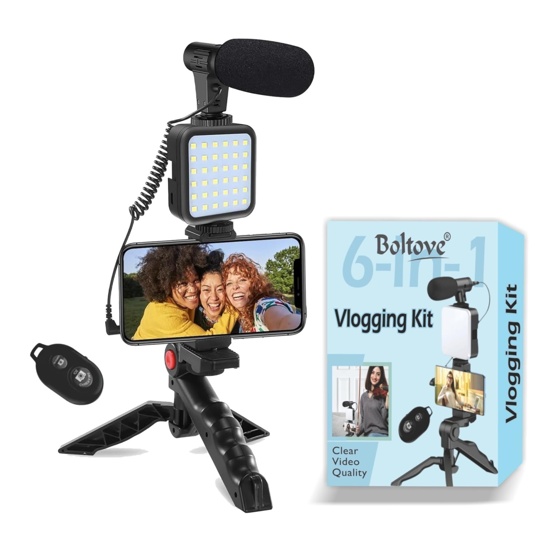 Boltove Vlogging Kit 6 in 1 for iPhone, Android (with Tripod), Mini LED + Cardioid Microphone + Phone Clip + Tripod for Live Broadcasting Video Calling Vlogging YouTube Instagram-image-39