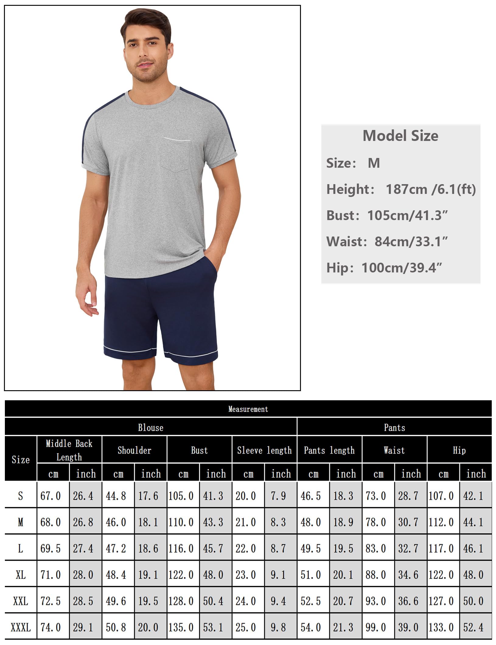 Schlafanzug Herren Kurz Baumwolle Zweiteiliger Pyjama Kurzarm mit Rundhalsausschnitt Schlafanzüge Männer in Kontrastfarbe Nachtwäsche Loungewear Sommer