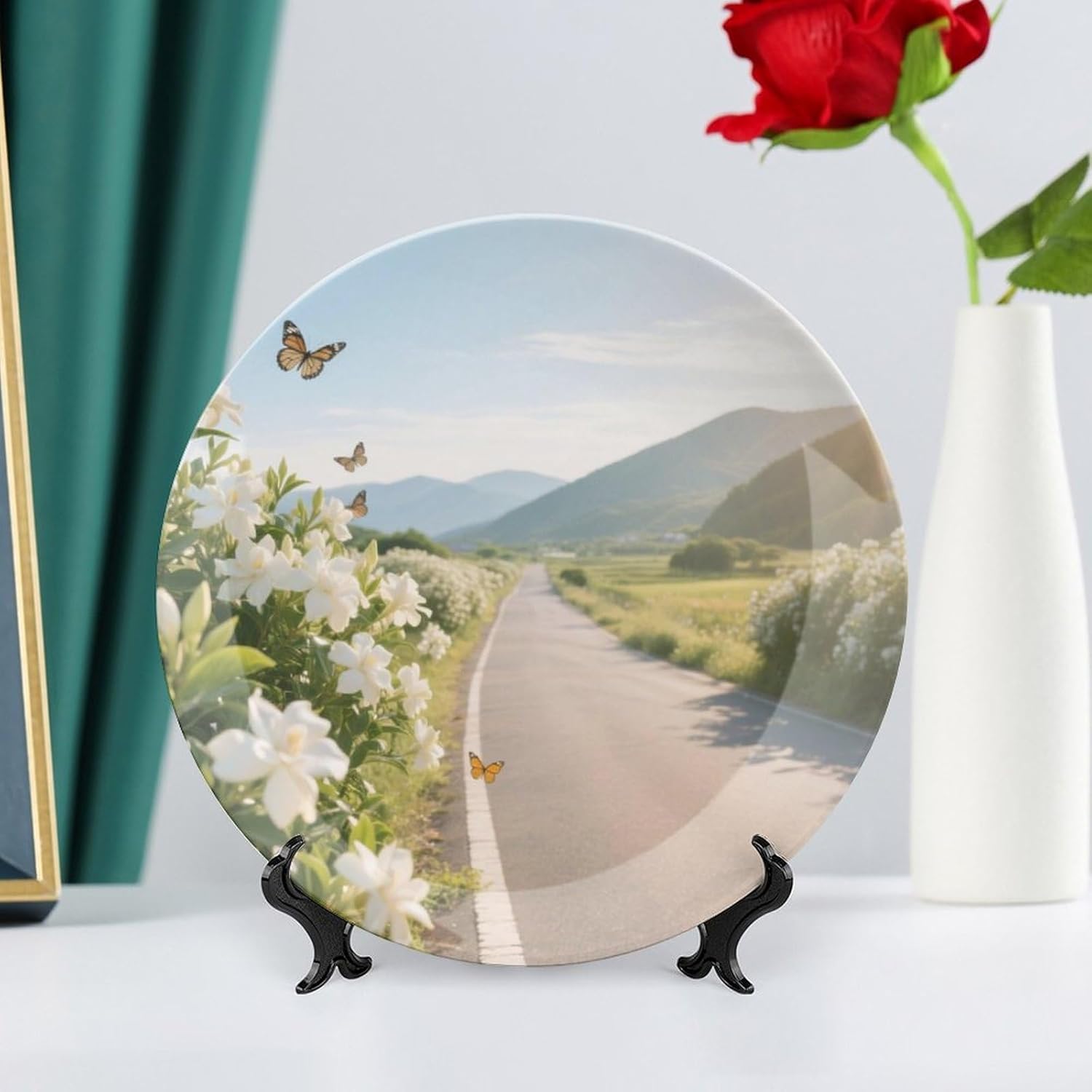 Bone China Decorative Plates Gardenia Ceramic Decorative Plate Wall Decor with Display Stand Ceramic Ornaments for Wall Hanging Decoration