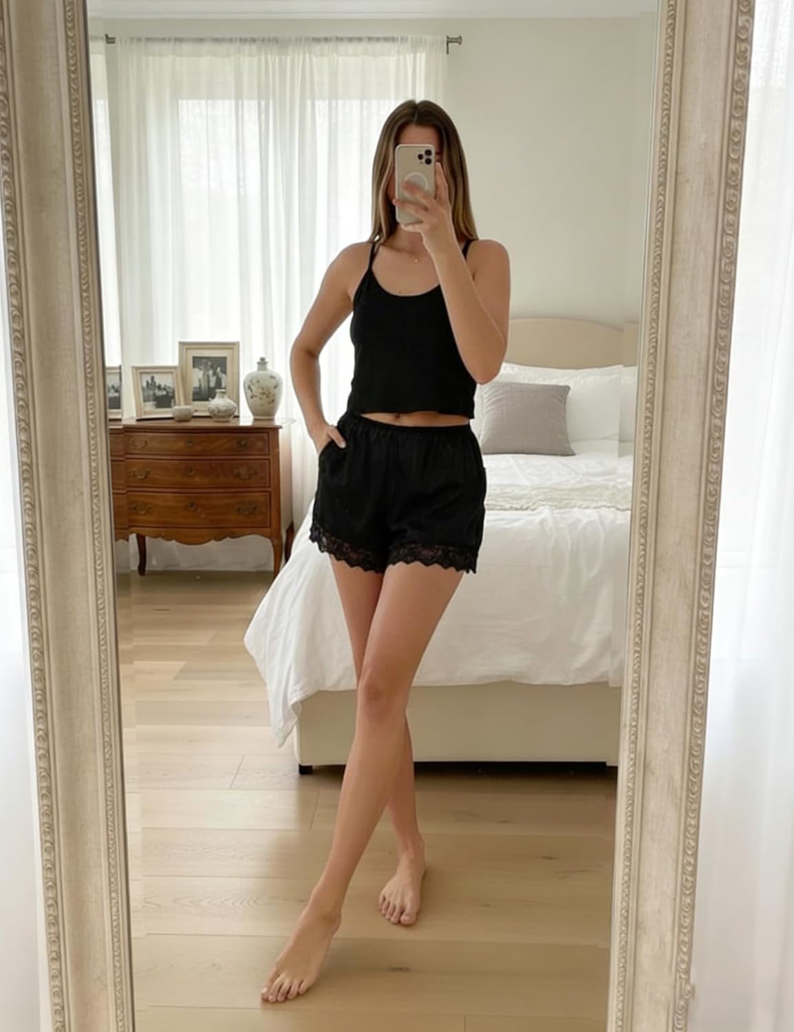 Micoson Womens Satin Lace Shorts Y2k Lounge Pajama Shorts with Pockets Low Rise Comfy Casual Micro Mini Bottoms - Image 2