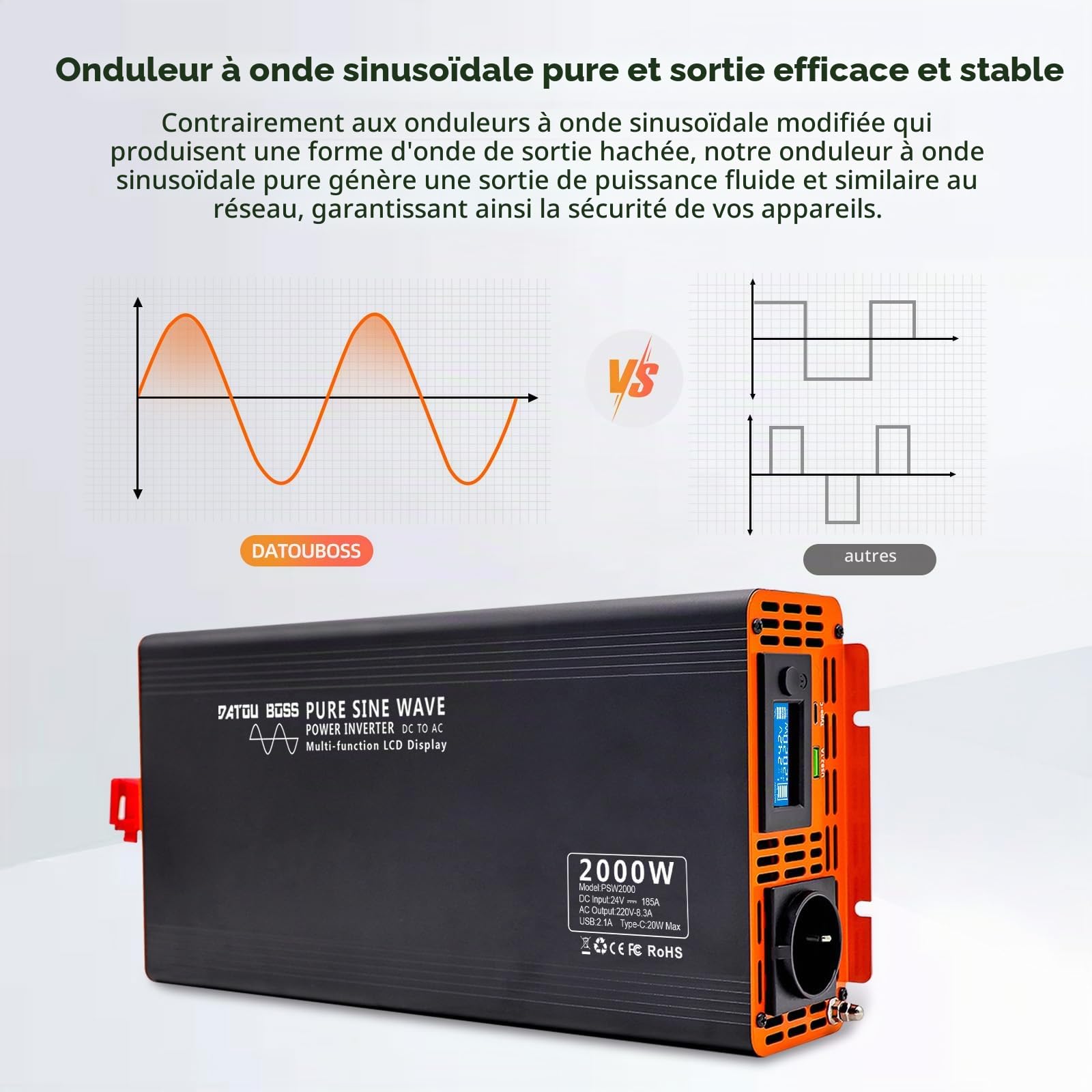 DATOUBOSS Convertisseur 24v 220v 230v Pur Sinus 2000W/4000W Onduleur, Transformateur 24V 220V Voiture Convertisseur de Tension avec écran LCD, Inverter pour RV Voiture, Caravane, Bateau, Camping