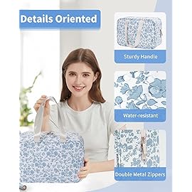 Narwey Full Size Toiletry Bag Women Large Cosmetic Bag Travel Floral Makeup Bag Organizer Medicine Bag for Toiletries Essentials Accessories (Little Blue Flower,Large)