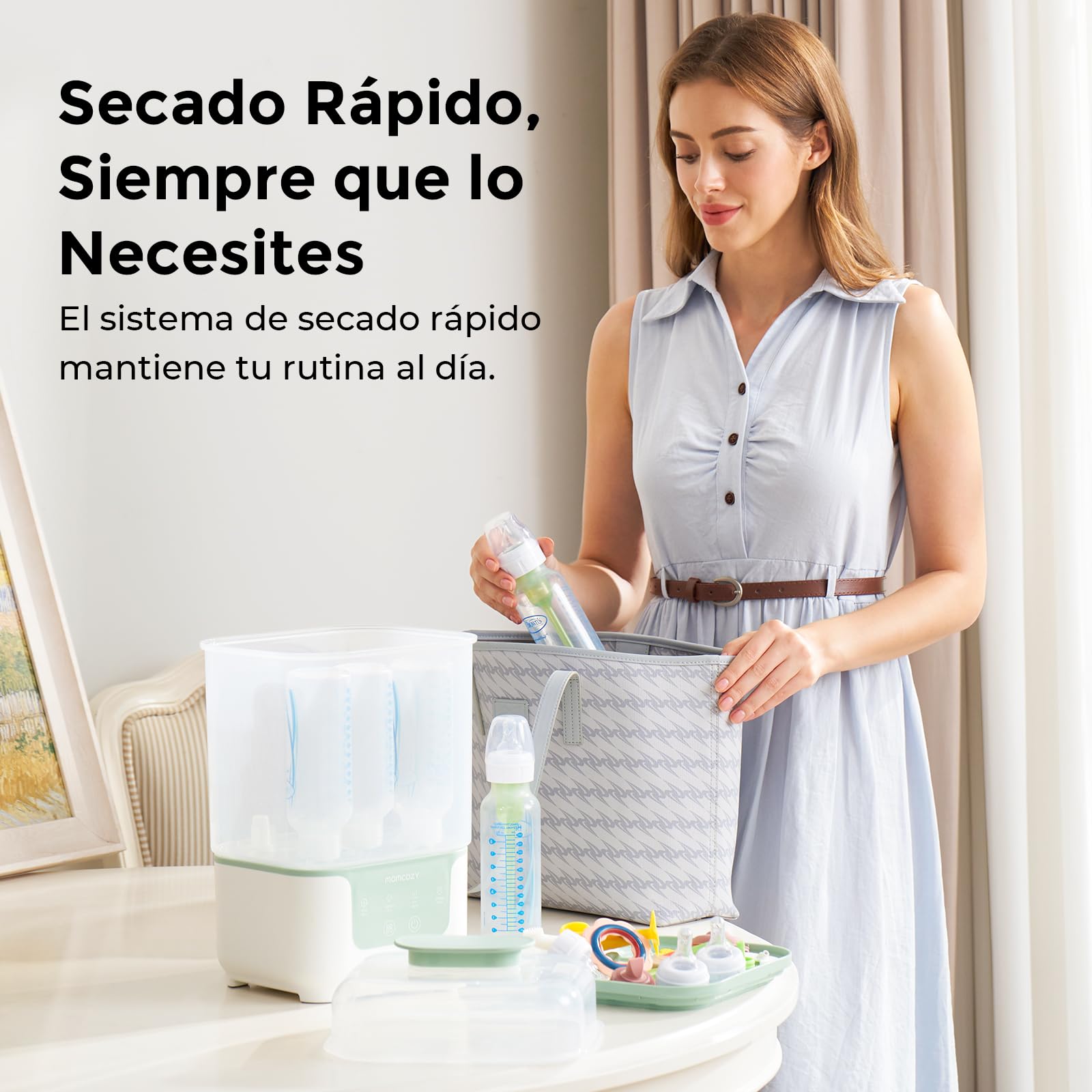 Momcozy Esterilizador y Secador Eléctrico para Biberones, Capacidad para 6 Biberones, Dispositivo 4 en 1 para Biberones, Accesorios y Extractores de Leche, con Soporte de Secado Incluido