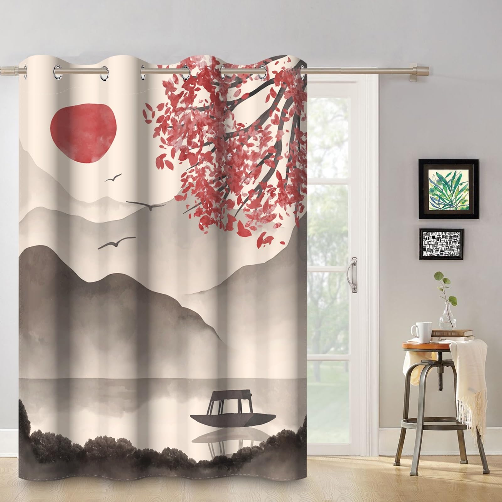 132x214cm Peinture à l'encre Traditionnelle Rideau à œillets Montagne Soleil Arbre Peinture Chinoise Paysage Thermique Séparations Occultant Rideaux pour Chambre Salon Bureau,1 Panneau Simple