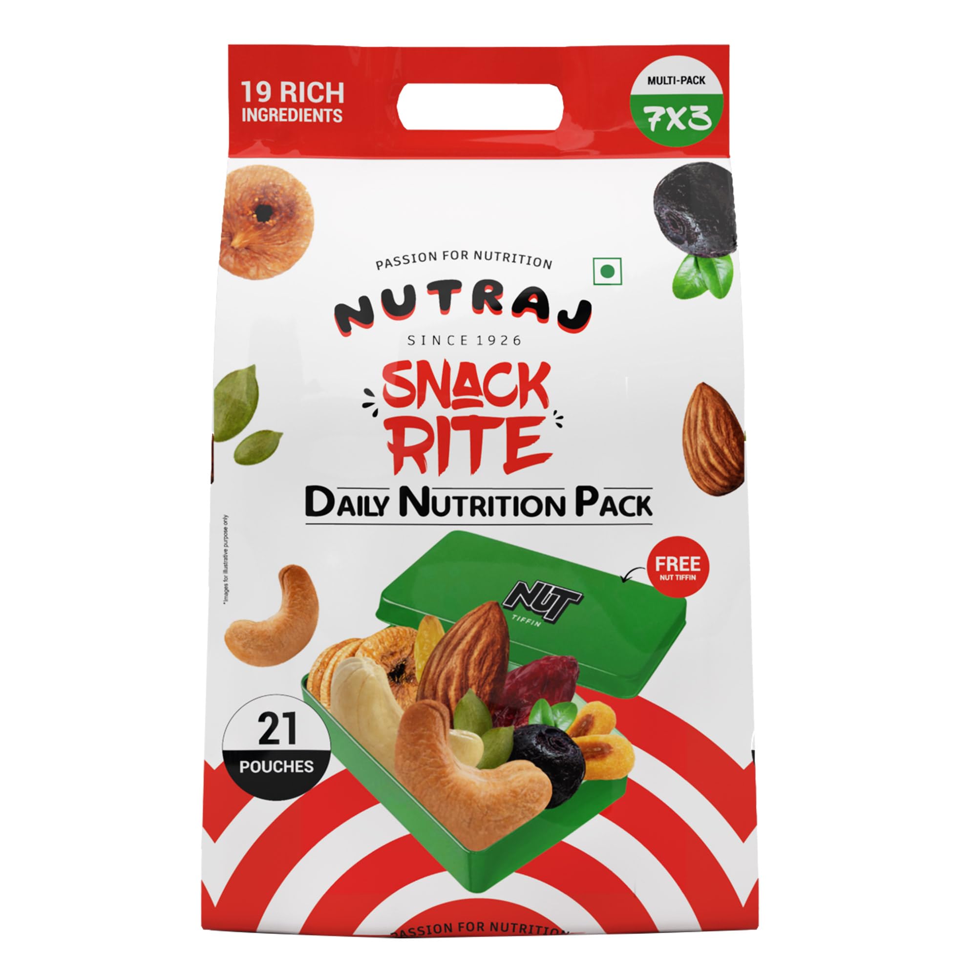 Nutraj Trail Mix Dry Fruits Combo Pack 525 Gram | 7 Flavors (3 Qty Each) In 21 Mini Packs | Get Nut Tiffin Box Free Inside The Pack.