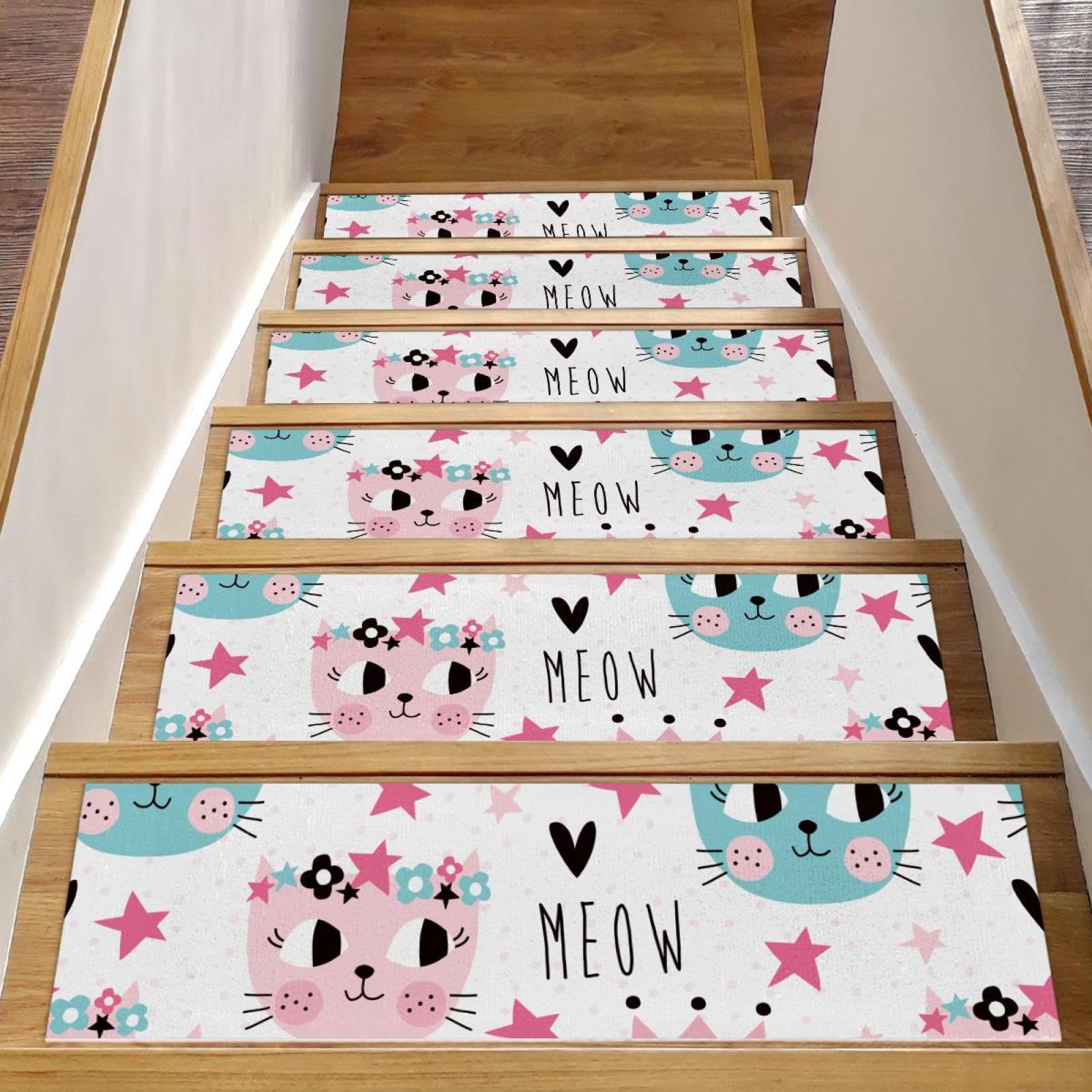 Peldaños antideslizantes contra resbalones en escaleras de madera, alfombras infantiles de gato