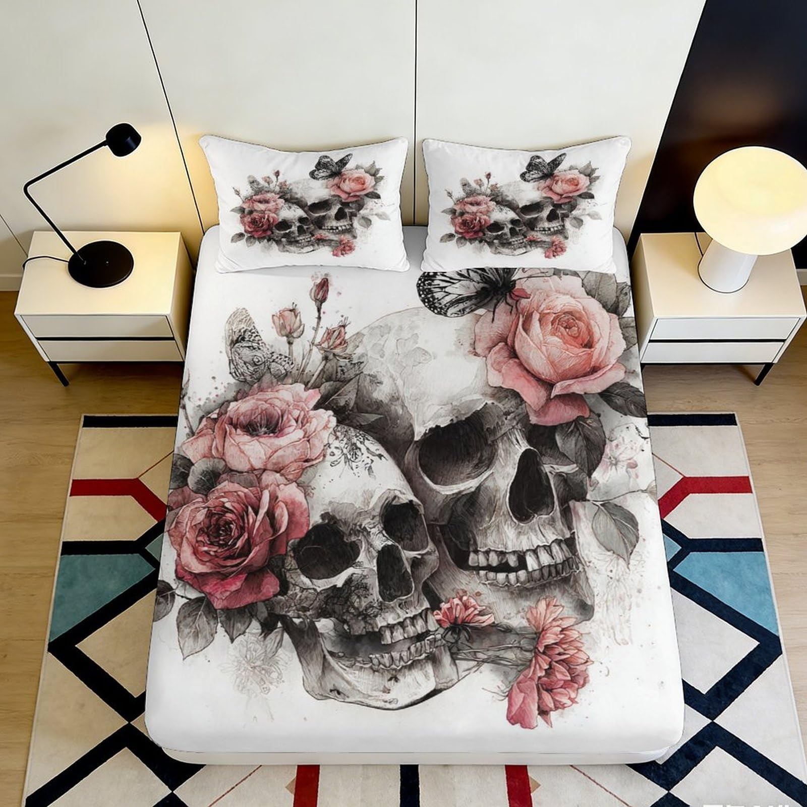 3D Printed Skull Rose Fitted Sheet Microfiber Soft Breathable Gothic Floral Bed Cover for Bedroom Guestroom 90x200x25cm