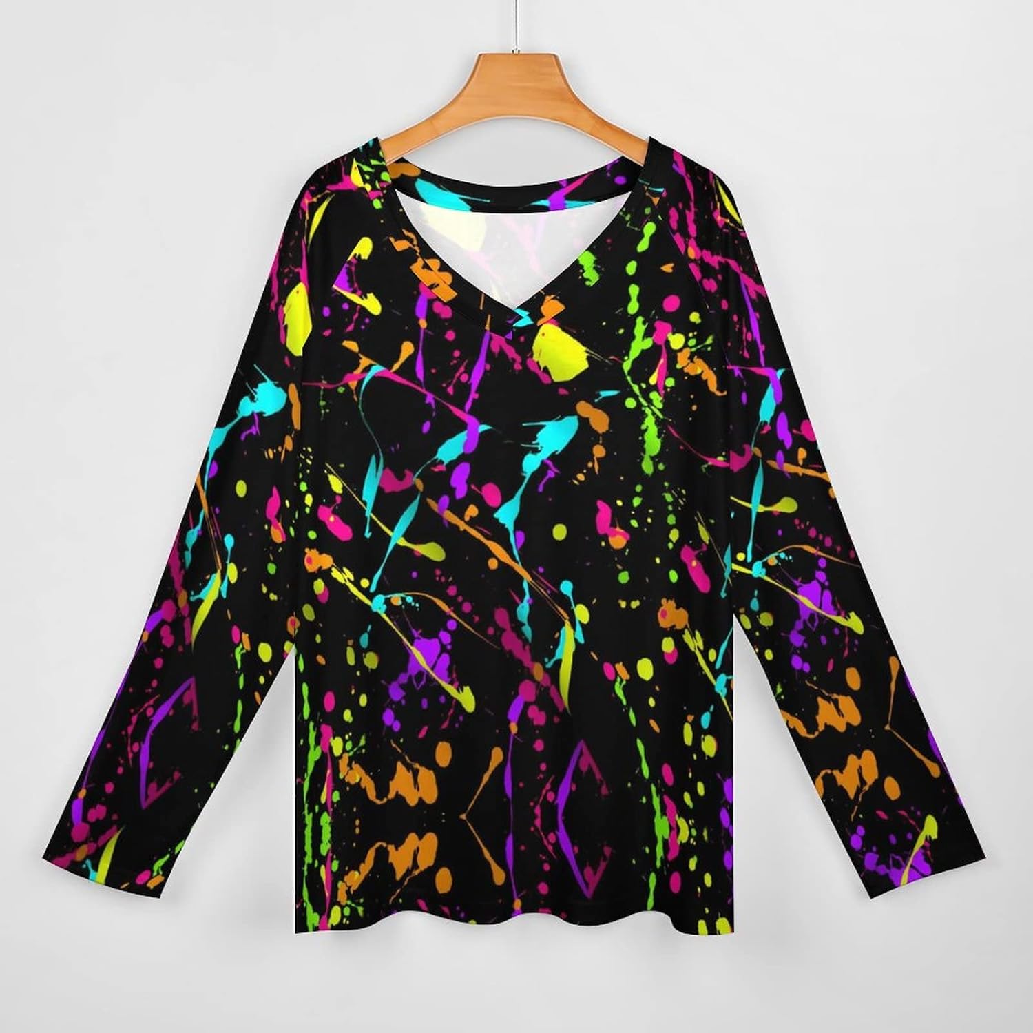 Glow in Dark Splatter Neon Long Sleeve Shirts for Women Fashion V Neck T-Shirt Women's Fall Tops - Image 3