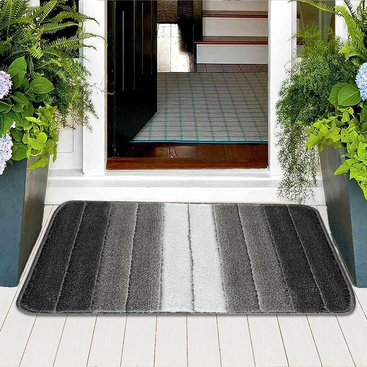 PHP Stripe Door Mat for Indoor Use - Beautiful Multicoloured Non Slip Doormat for Bedroom Living Room Kitchen Entryway Floor Matts (50x60 cm, Black White)