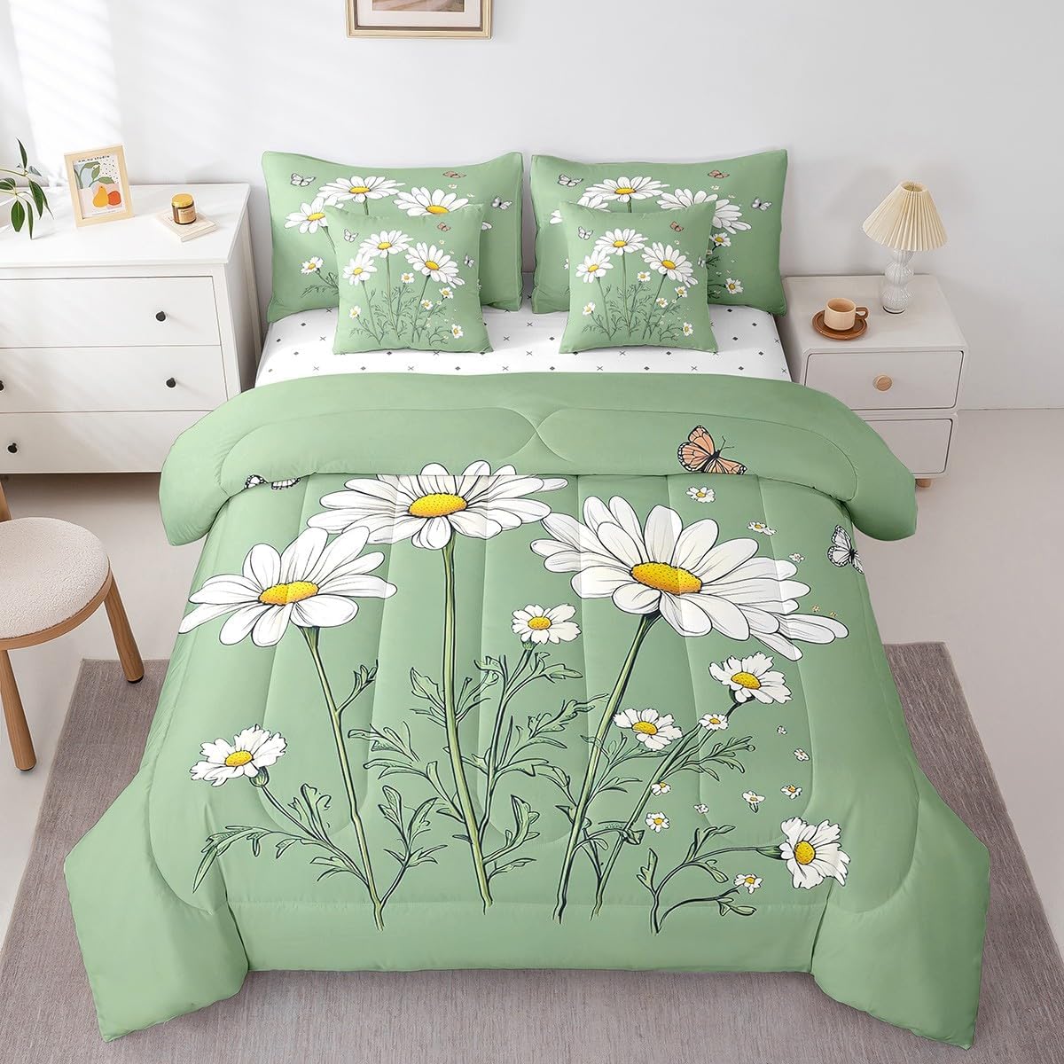 Erosebridal Daisy Queen Bedding Set 7 Piece Rustic Daisy Comforter Set with Sheets for Kids Girls Teen Women Garden Flower Bed in A Bag Butterfly Leaves Bed Set