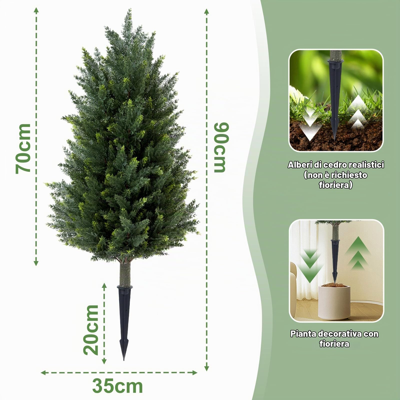 Tutte le piante di pino artificiale alta 90 cm, in plastica, resistenti ai raggi UV, per interni ed esterni, ufficio, soggiorno, camera da letto e giardino decorazione con nastri luminosi, 2 pezzi