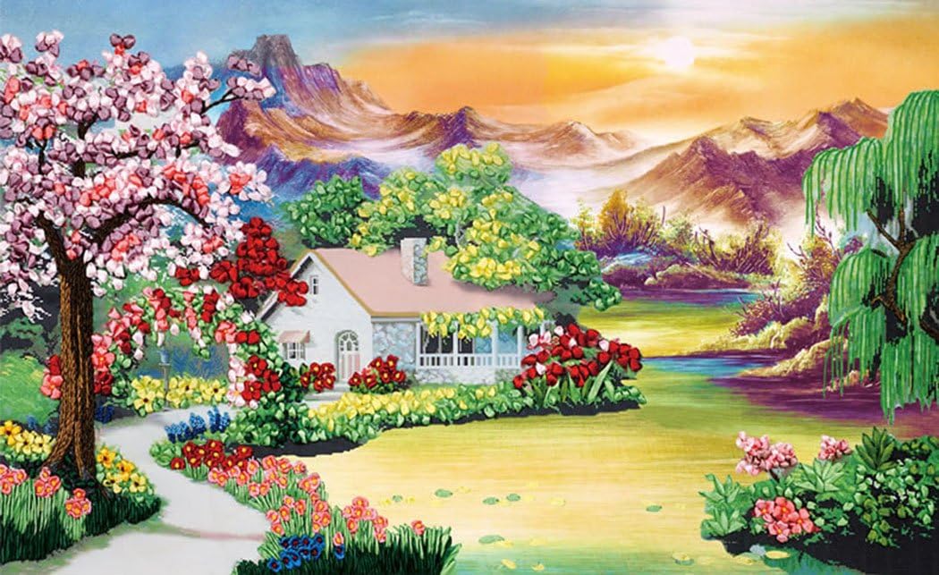 Aureate Handmade Completed Ribbon Embroidery Fabric Wall Art Home Decoration Pastoral Landscape 30"×20"