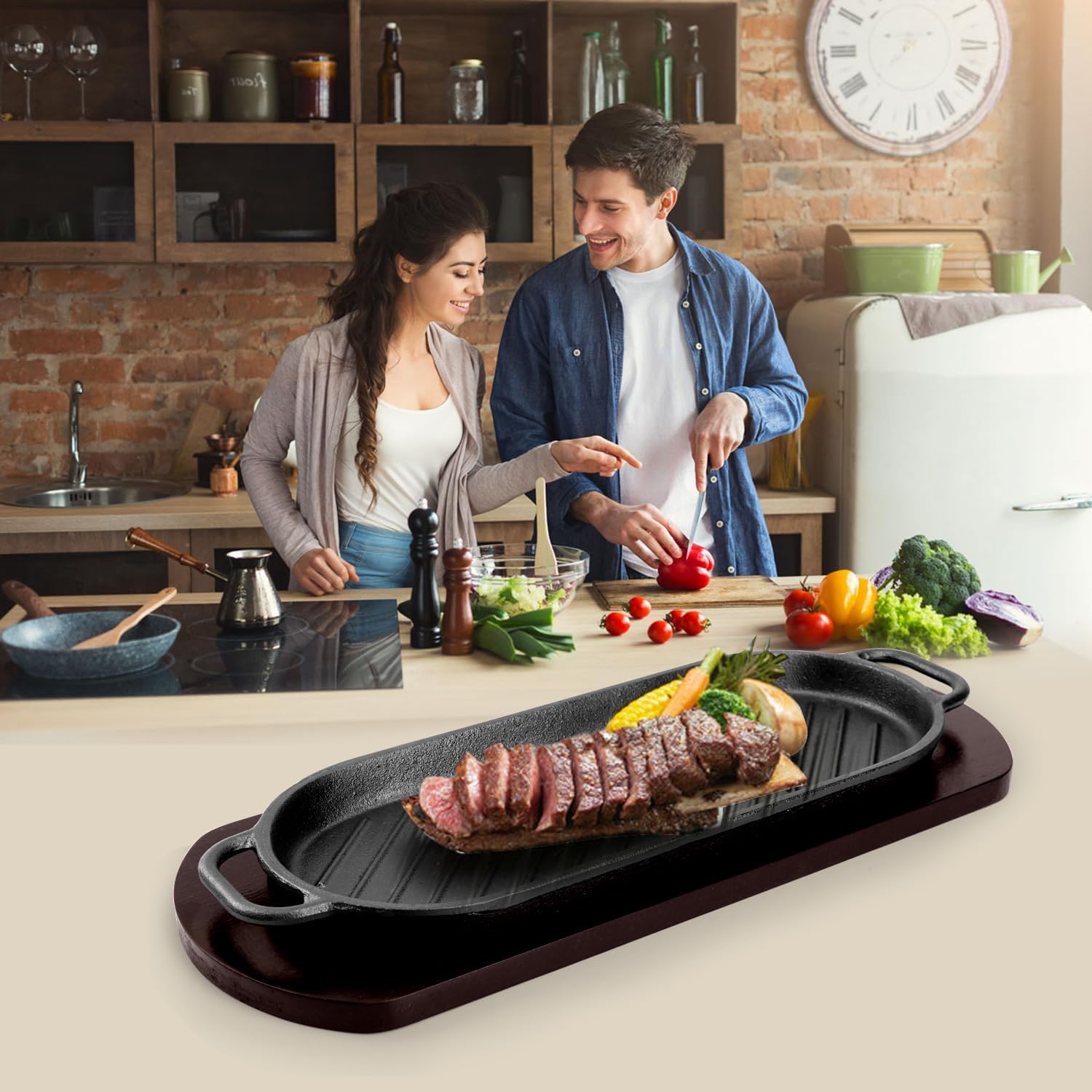DVK Fajita Skillet Sizzling Plate with Wooden Base for Steak Plate Home Restaurant Kitchen Cooking (2PCS)