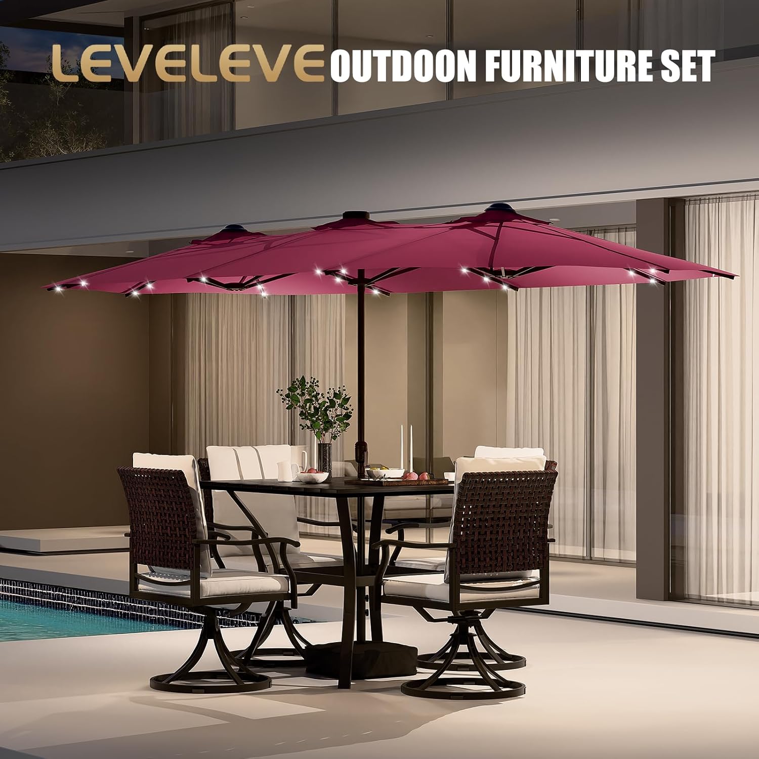 LEVELEVE 15FT Rectangle Patio Umbrella with Base & Solar LED Lights - Double-Sided